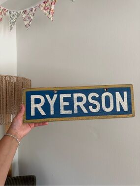 Brandy Melville Blue and White Ryerson Wall Sign with Gold Trim